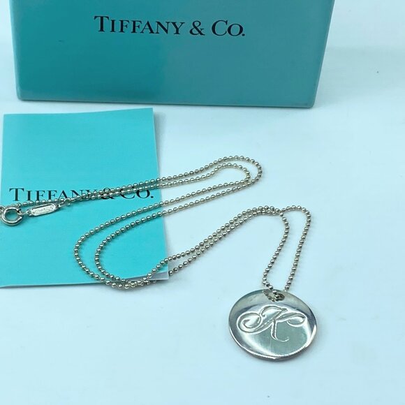 Tiffany & Co Sterling Initial Letter 'K' Circle Disc Pendant Bead Necklace JR347